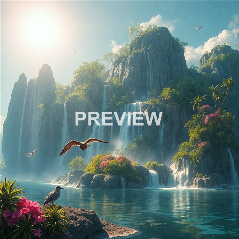 A lush, mountainous landscape featuring cascading waterfalls, vibrant green foliage, colorful flowers, and birds flying and perched near a serene body of water under a bright sky.